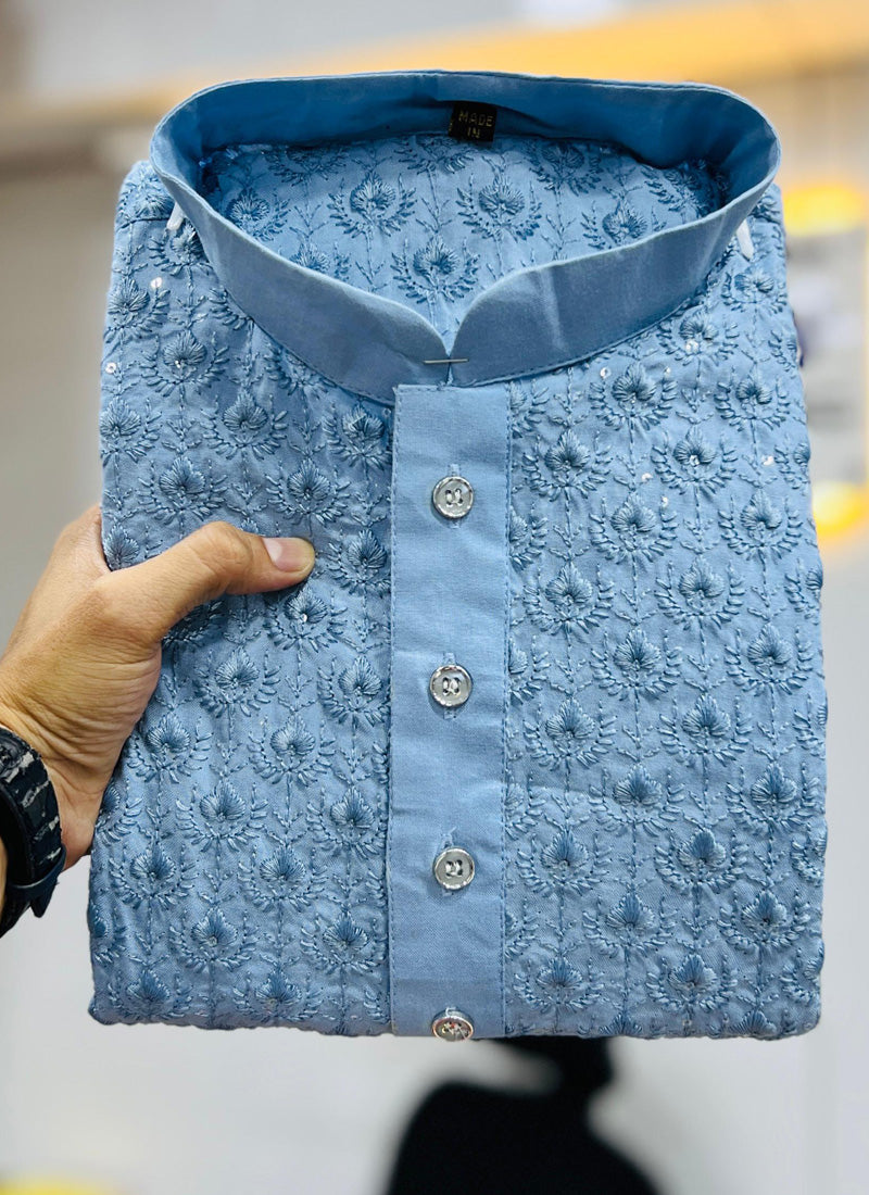 Prazu Fashion Sky Blue Rayon Embrodered Kurta With Pajama - Distacart