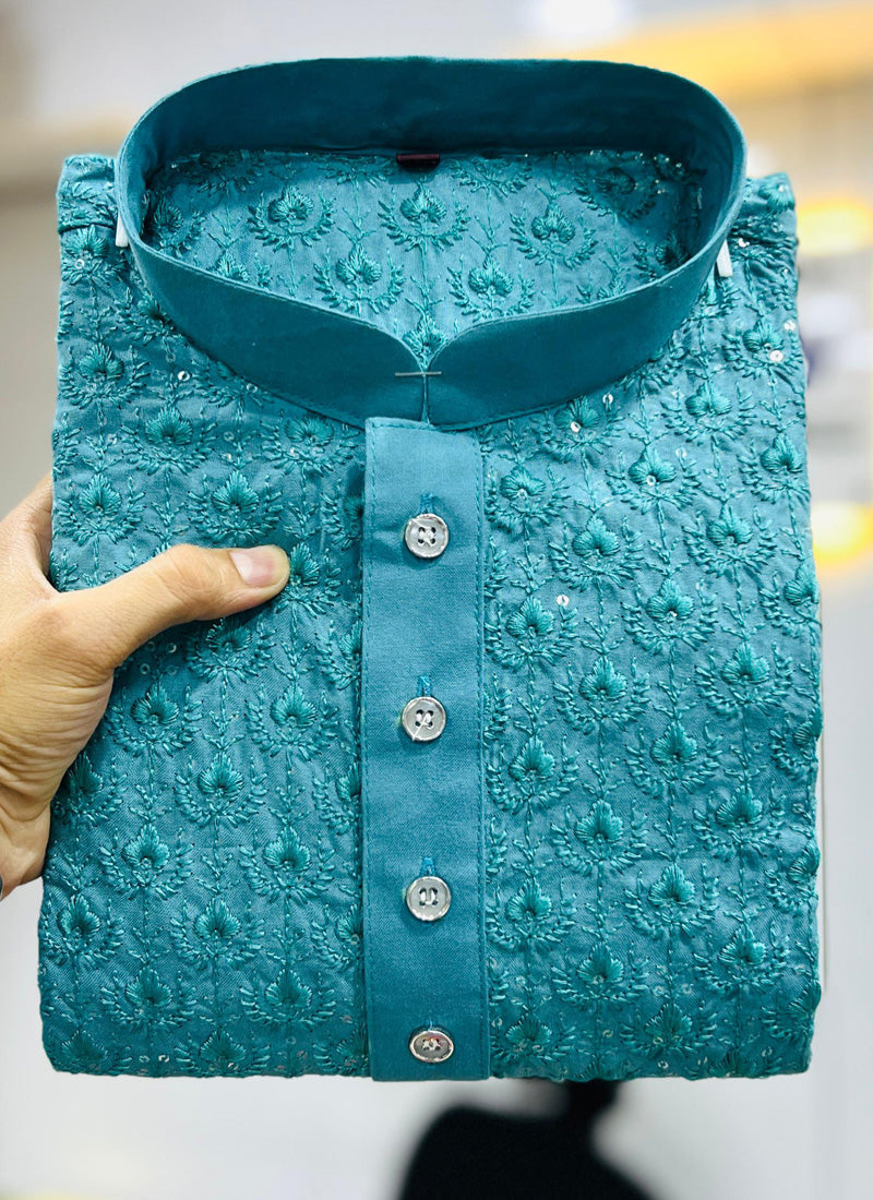 Prazu Fashion Turquoise Rayon Embrodered Kurta With Pajama - Distacart