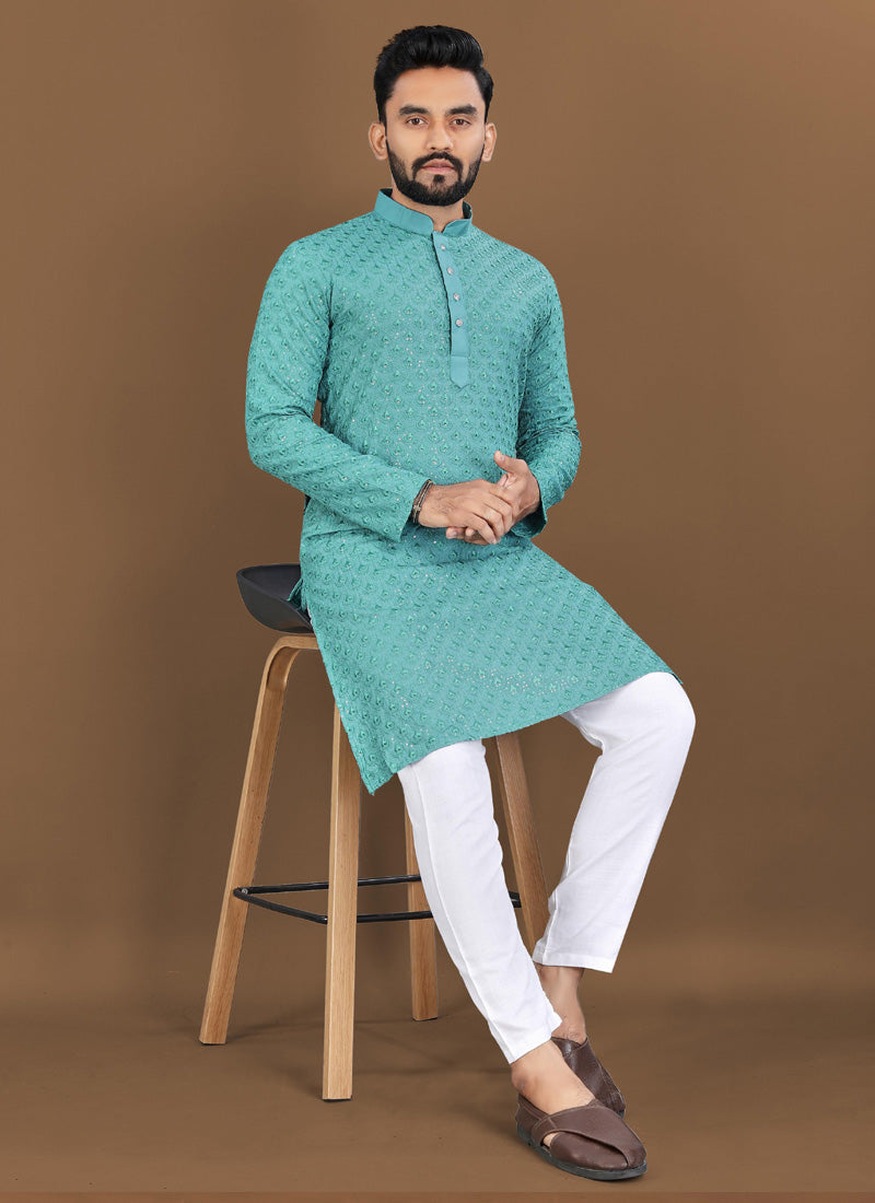 Prazu Fashion Turquoise Rayon Embrodered Kurta With Pajama - Distacart