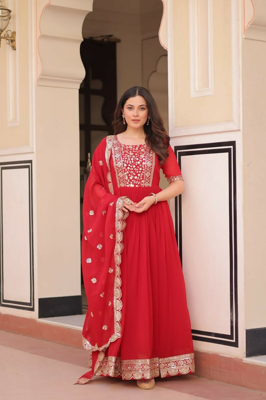 Teeya Creation Red Color Faux Georgette Embroidery Work Wedding Wear Long Gown - Distacart