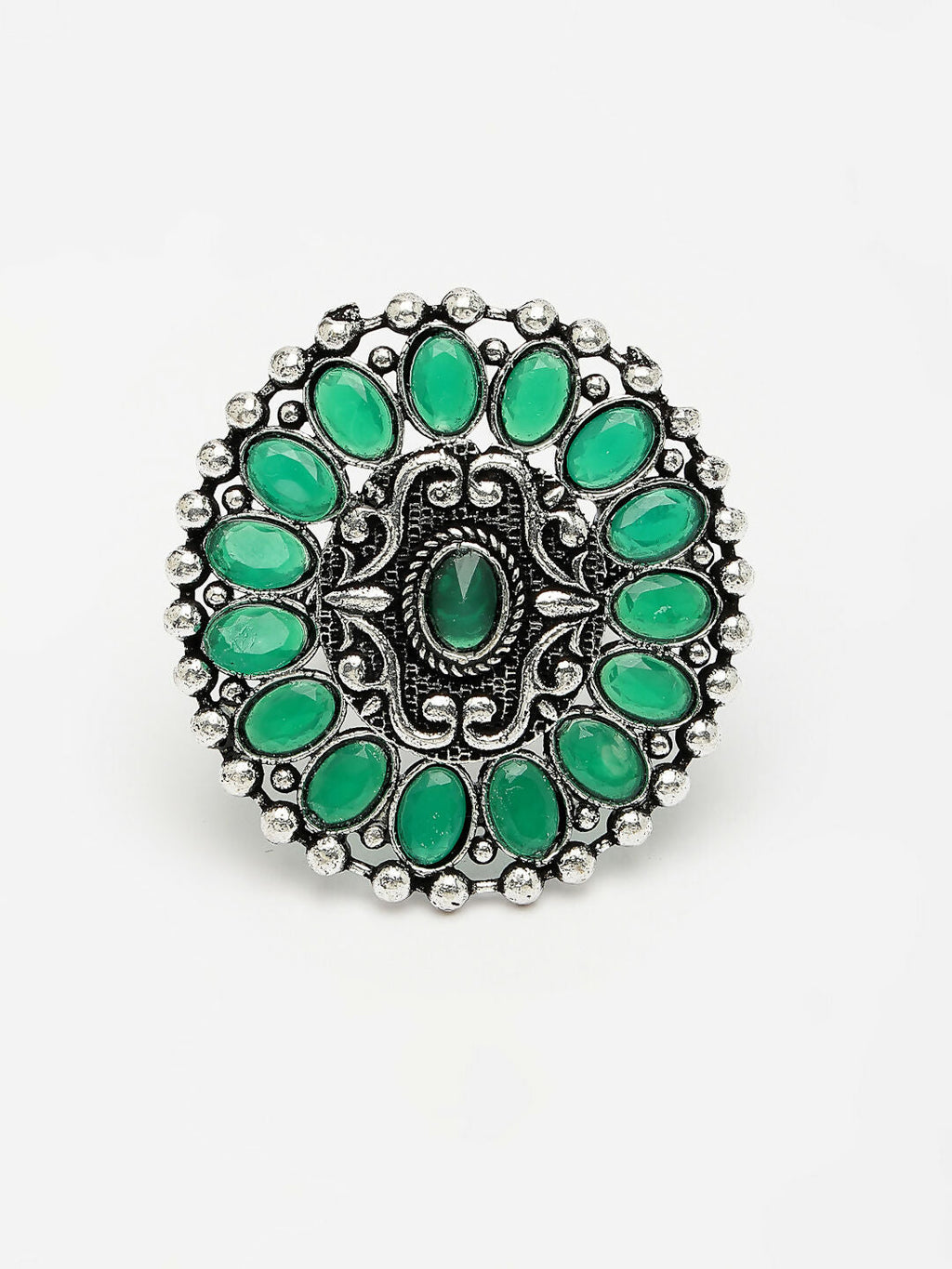 NVR Women's Green Silver-Plated Circular Shape Adjustable Finger Ring