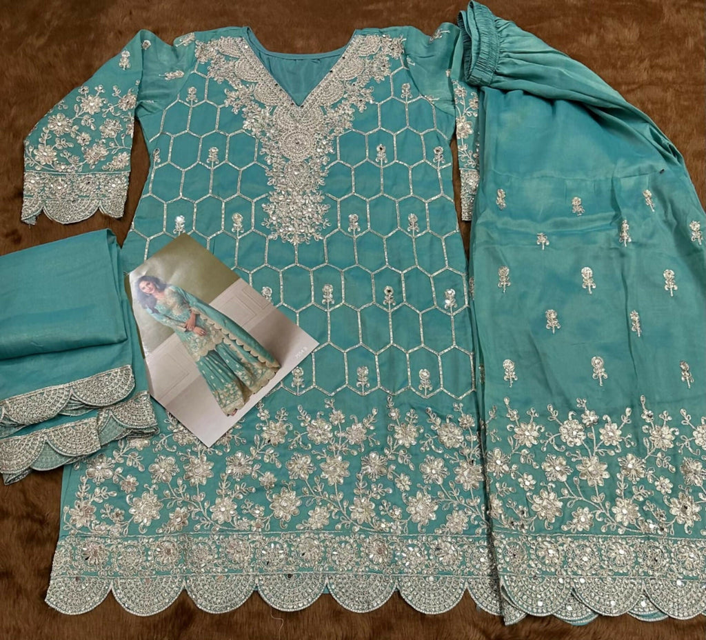 Anaita Sky Blue Real Shimmer Readymade Suit with Embroidery & Real Mirror Work - Distacart
