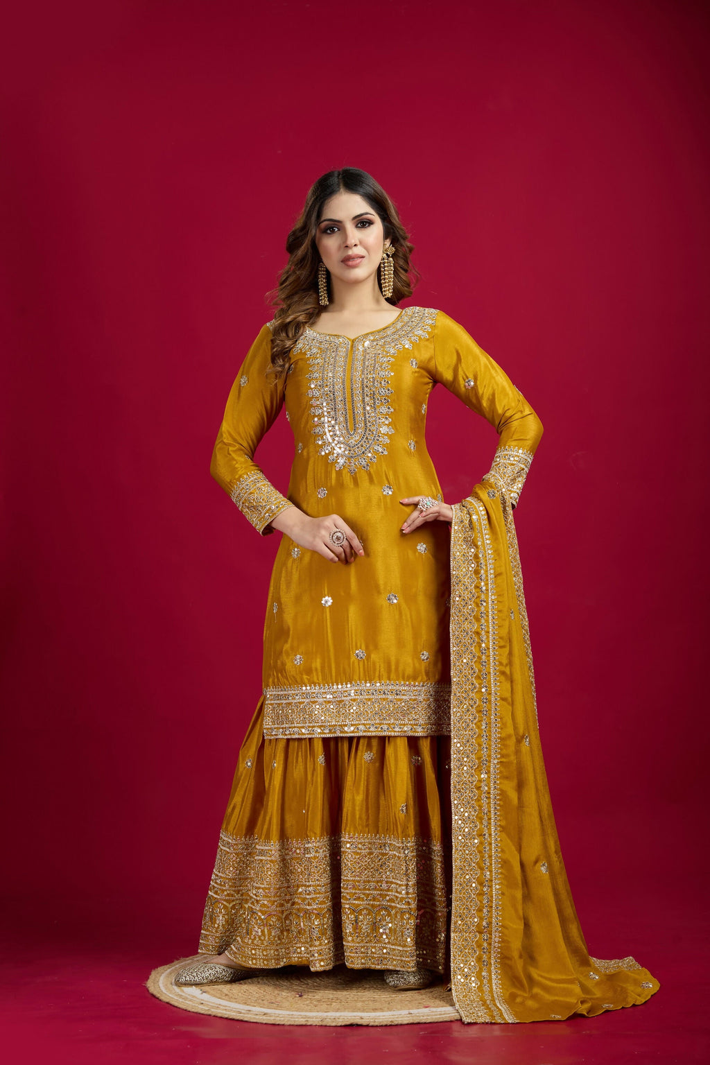 Joban Fashion Yellow Kurta Set Silk Sequins , Zari, Coding & Thread Embroidered work - Distacart
