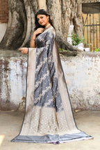 Joban Fashion Silver Grey Pure Katan Pure Handloom Banarasi Silk Saree