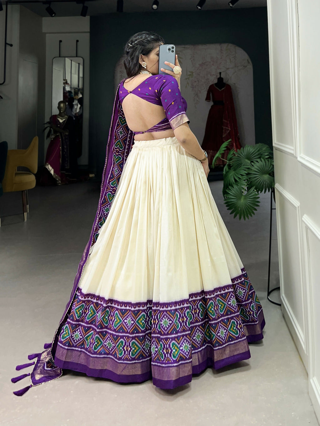 Lorenvalley Offwhite and Purple Tussar Silk Patola Print Lehenga Choli