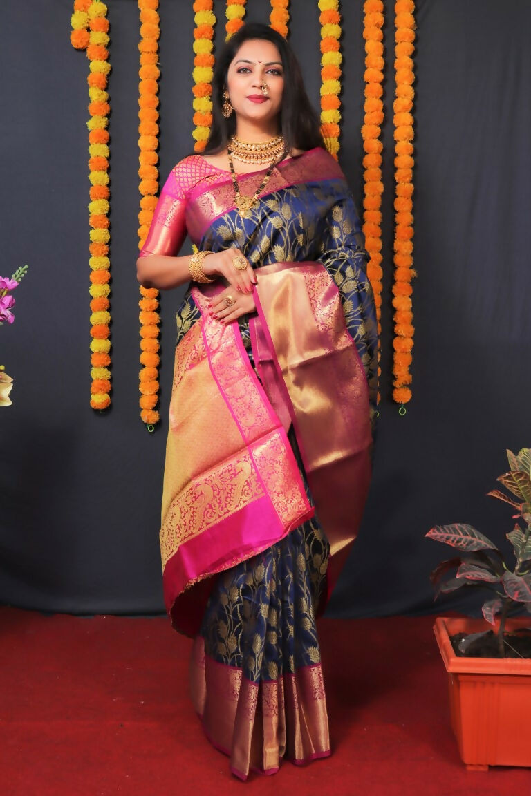 Jyoti Fashion Women's Navy Blue Kanjivaram Silk Zari Woven Saree with Blouse