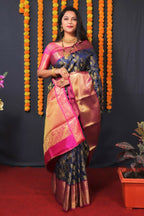 Jyoti Fashion Women's Navy Blue Kanjivaram Silk Zari Woven Saree with Blouse