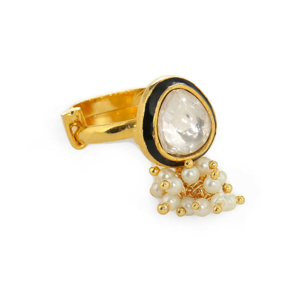 Kundan Ring with Pearls (Gold) - Ruby Raang