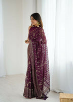 PR Fashion Wine Georgette Patta Plain With Foil Work And Small Lace And Zalar Lace Saree