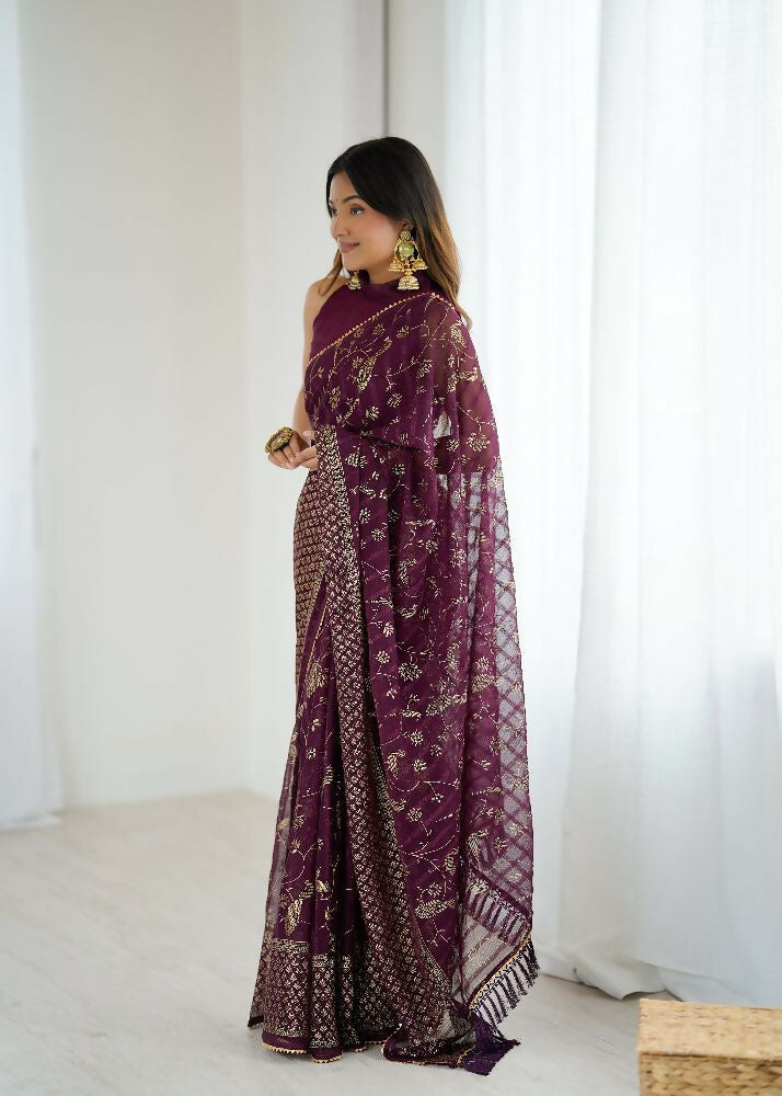 PR Fashion Wine Georgette Patta Plain With Foil Work And Small Lace And Zalar Lace Saree