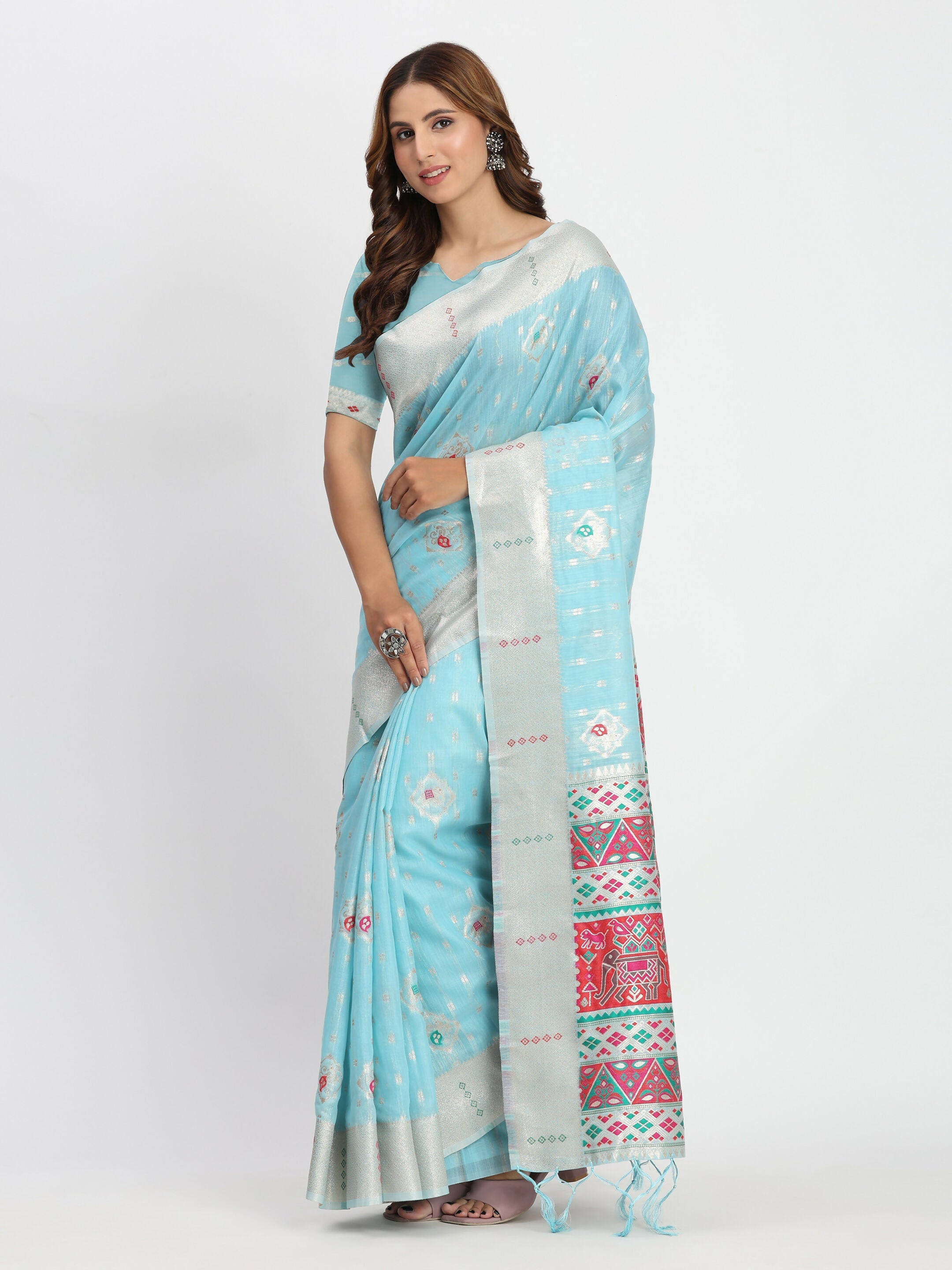 Shree Shyam Fashion Linen Cotton Sky Blue Saree - Distacart