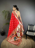Joban Fashion Red Peacock & Floral Motifs Soft Silk Kanchipuram Saree - Distacart