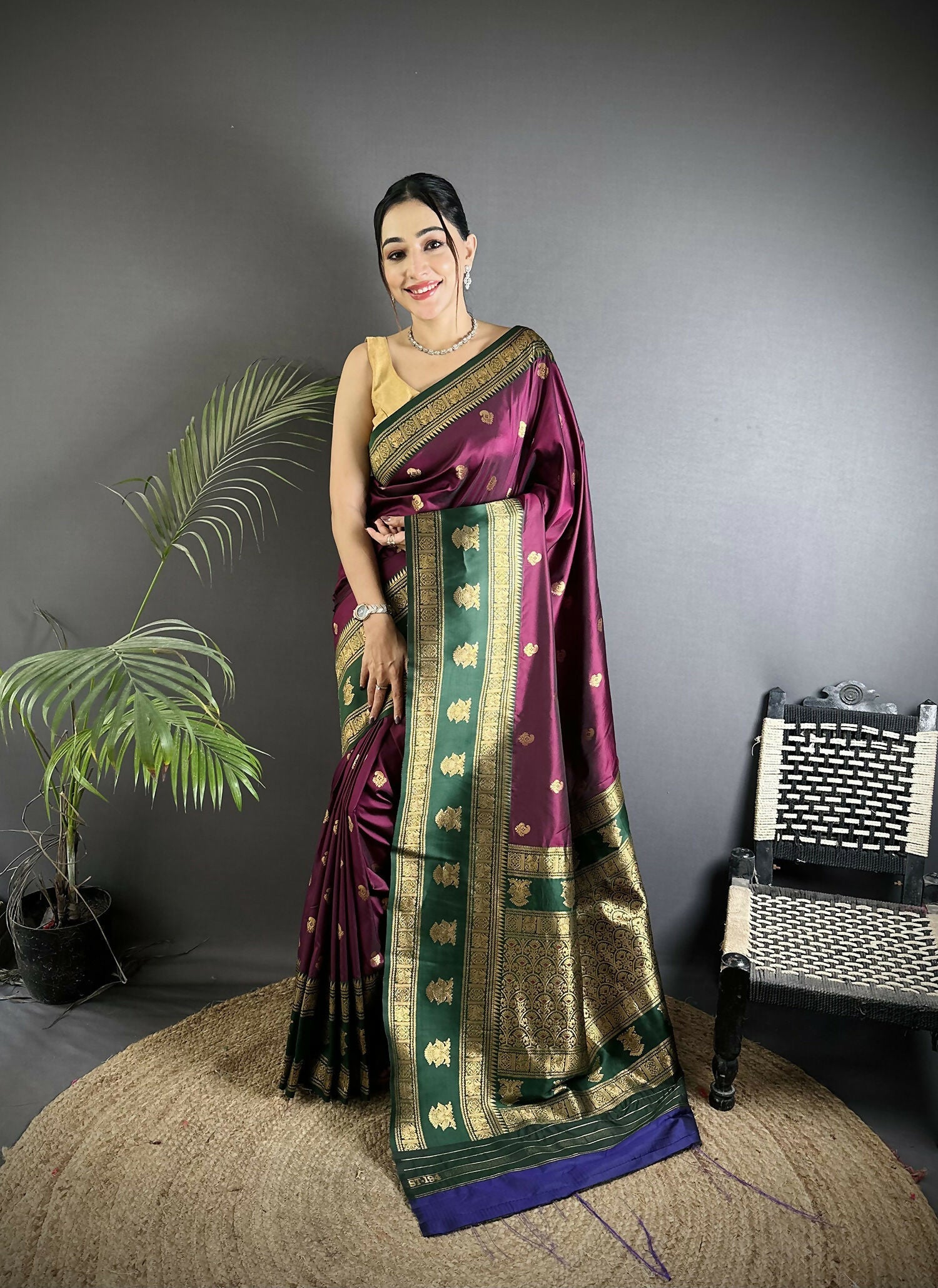 Joban Fashion Wine Banarasi Soft Silk Woven Butti Saree - Distacart