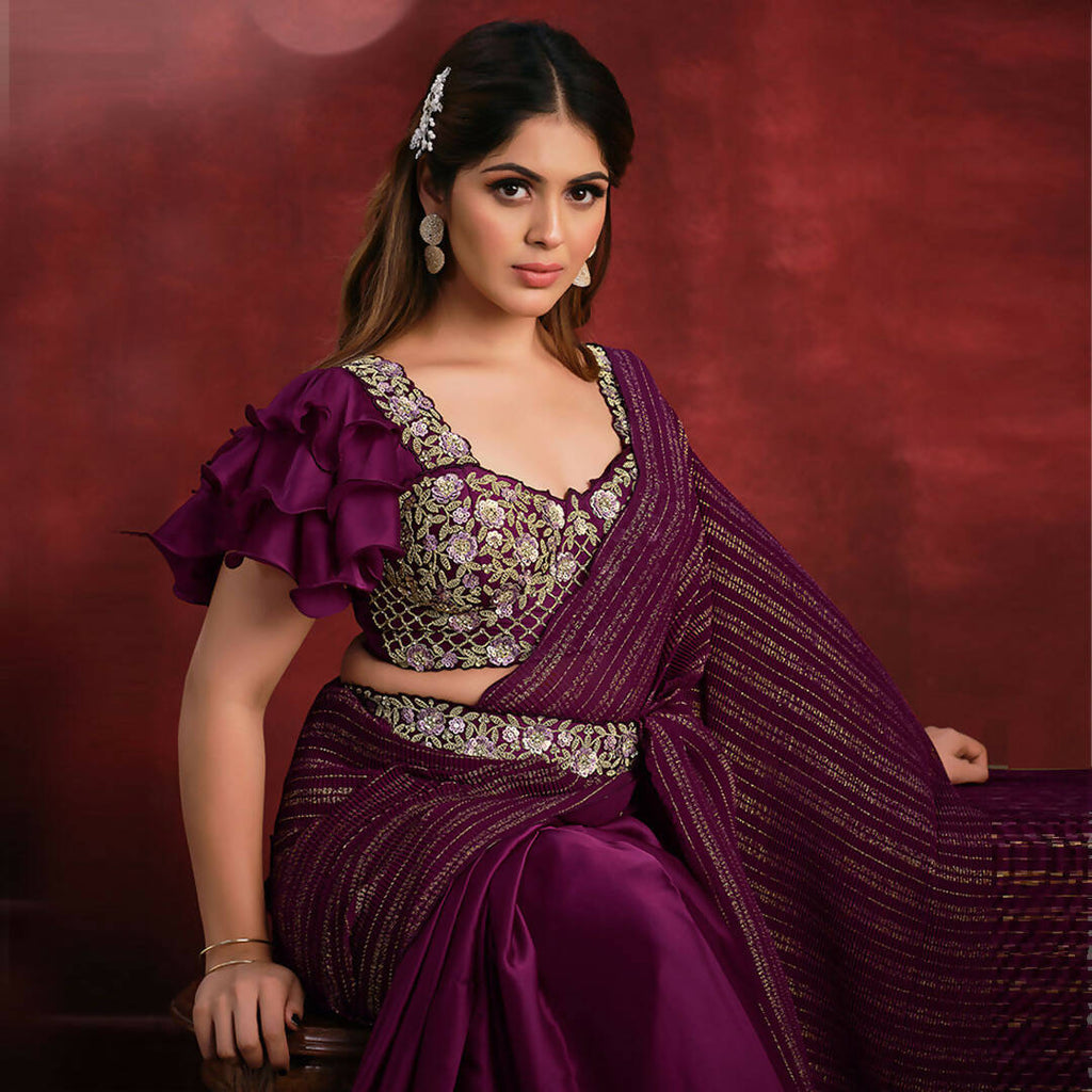 Magenta Crepe Satin Silk Sequence Thread & Stone Work/ Texture Pallu Saree - Mohmanthan Kimiya