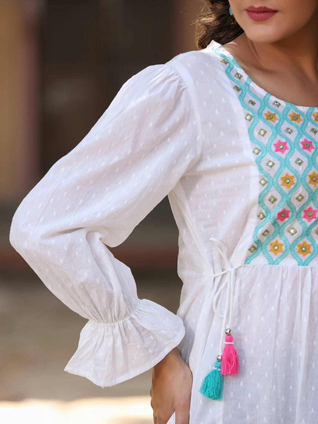 Juniper Women's White Cotton Dobby Solid With Multi Color Embroidered Tunic - Distacart