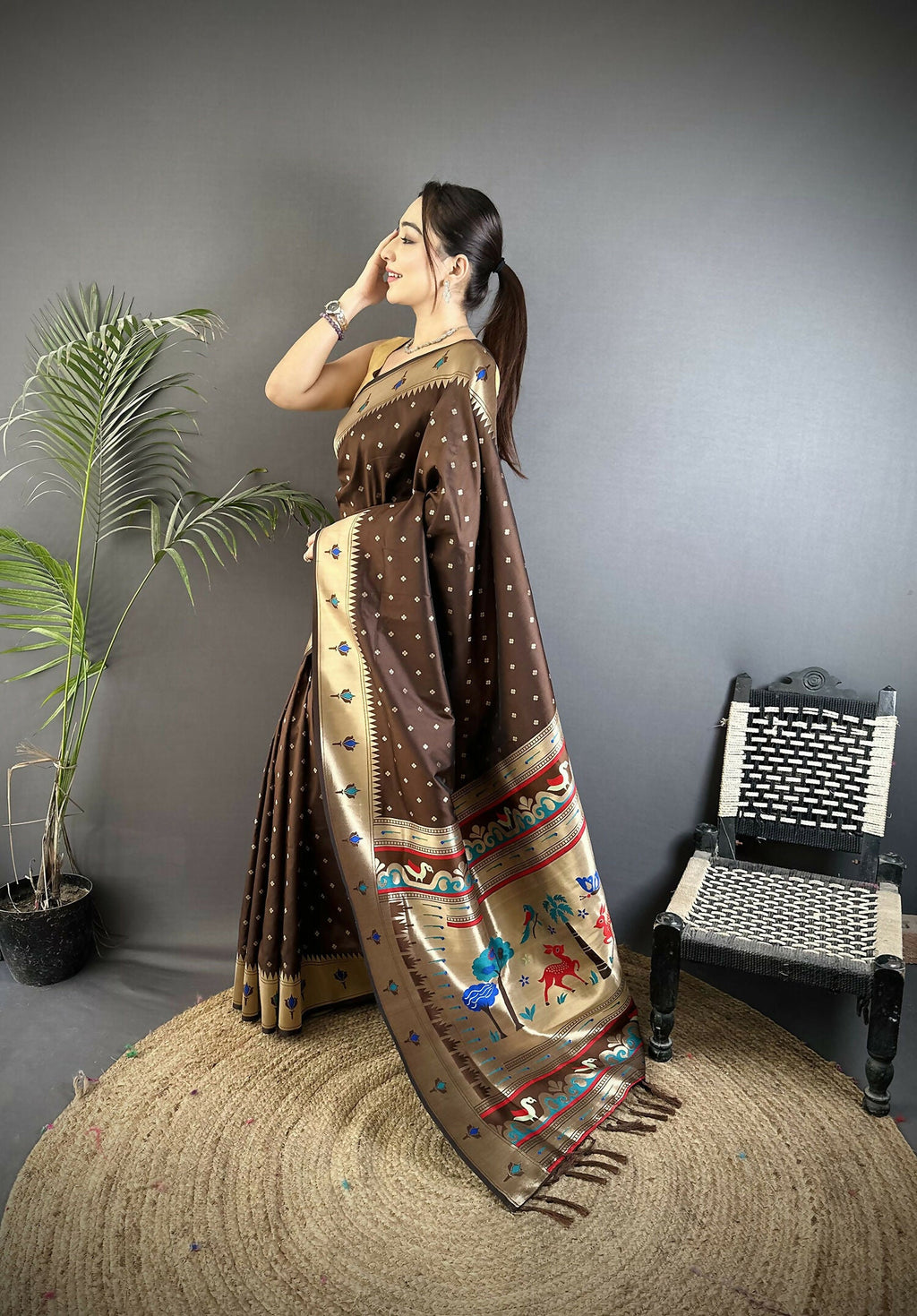 Joban Fashion Brown Peacock & Floral Motifs Soft Lichi Silk Kanchipuram Saree - Distacart