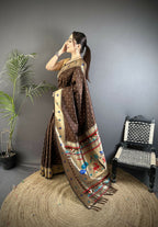 Joban Fashion Brown Peacock & Floral Motifs Soft Lichi Silk Kanchipuram Saree - Distacart