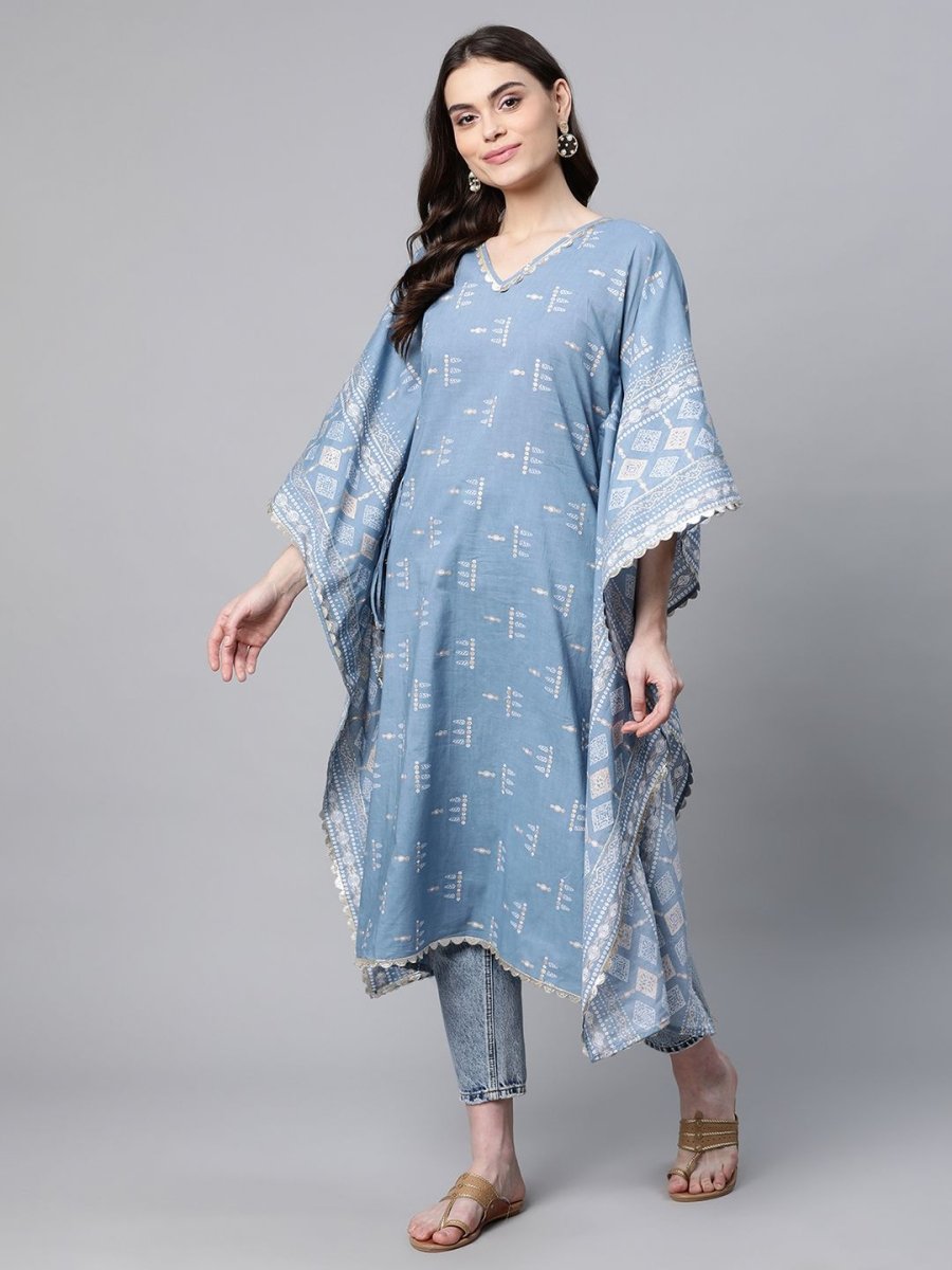 Ahalyaa Beige Pure Cotton Floral Printed Kaftan Kurta - Distacart