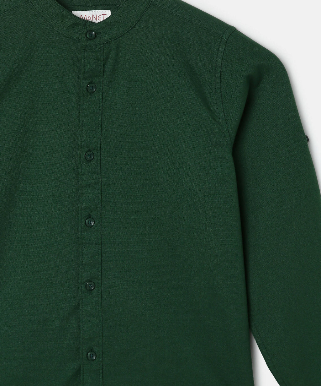 Manet Boys Mandarin Collar Full Sleeves Melange Shirt - Green