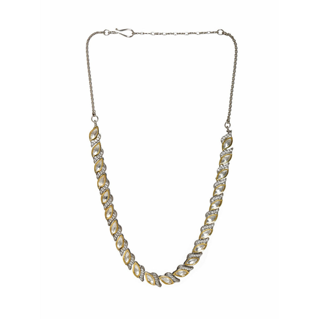 Leaf Shaped Neckpiece in Dual Tone Kundan and American Diamonds (Silver) - Ruby Raang