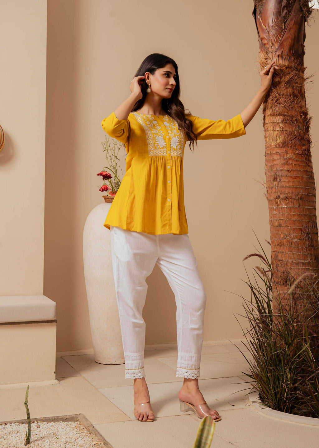 Juniper Mustard Striped Cotton Tunic With Thread Work And Button Detailing