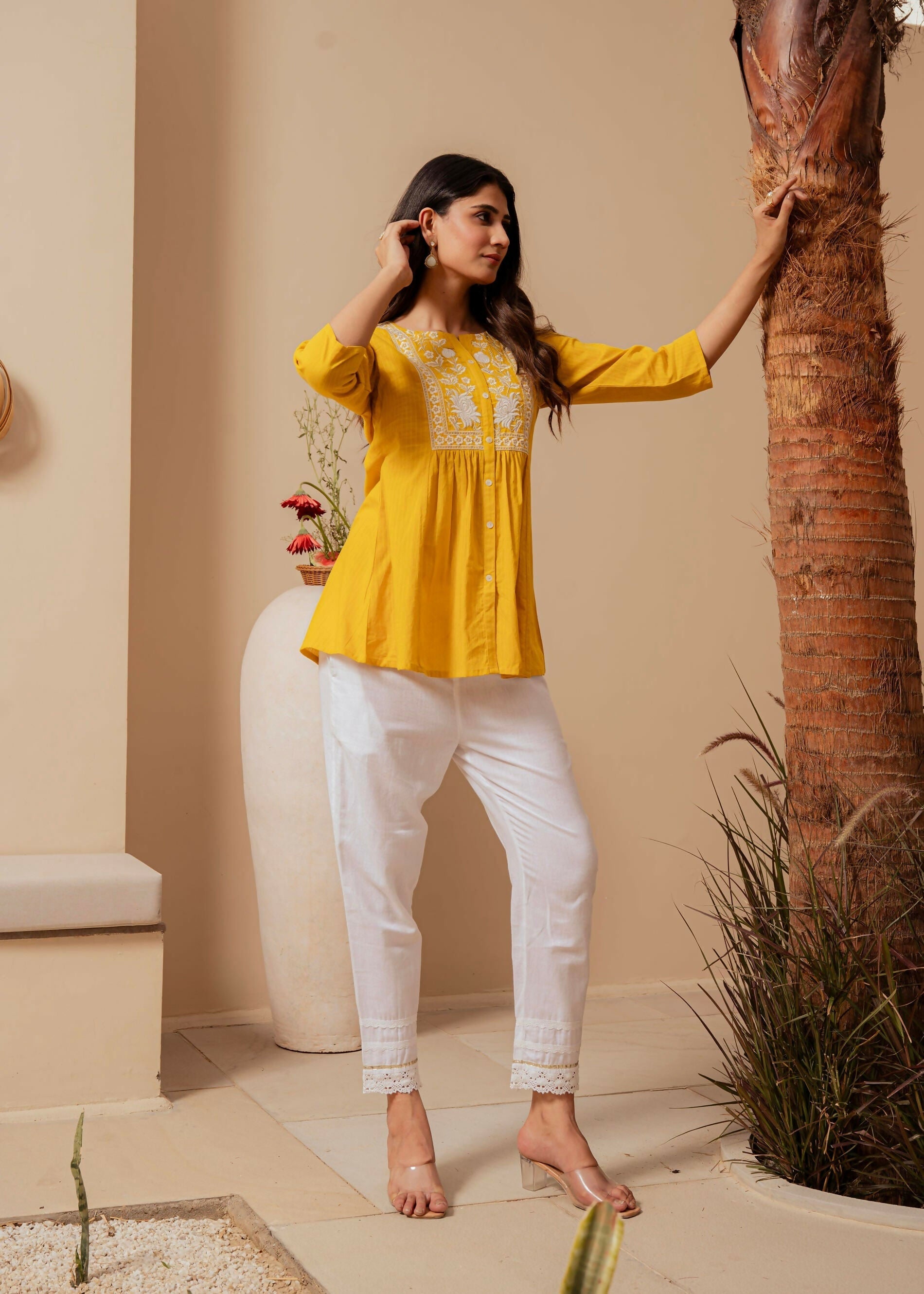 Juniper Mustard Striped Cotton Tunic With Thread Work And Button Detailing