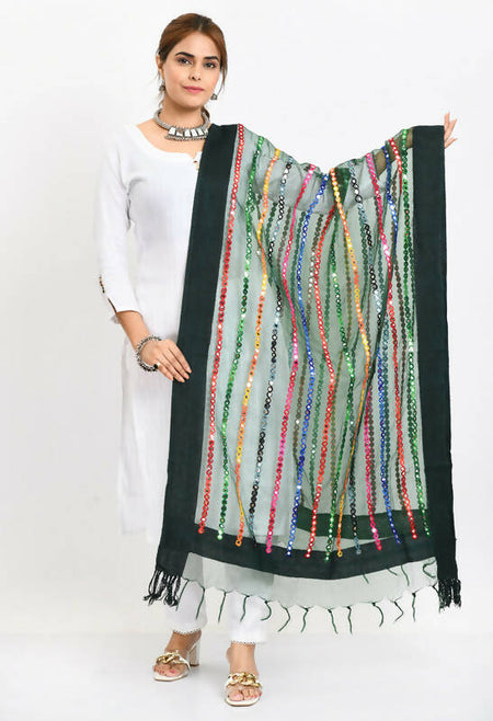 Mominos Fashion Moeza Women's Orgenza Multi Thread Mirror Work Bottle Green Dupatta