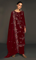 Anaita Maroon Pure Velvet Stitched Suit with Heavy Embroidery Sequence Work - Distacart