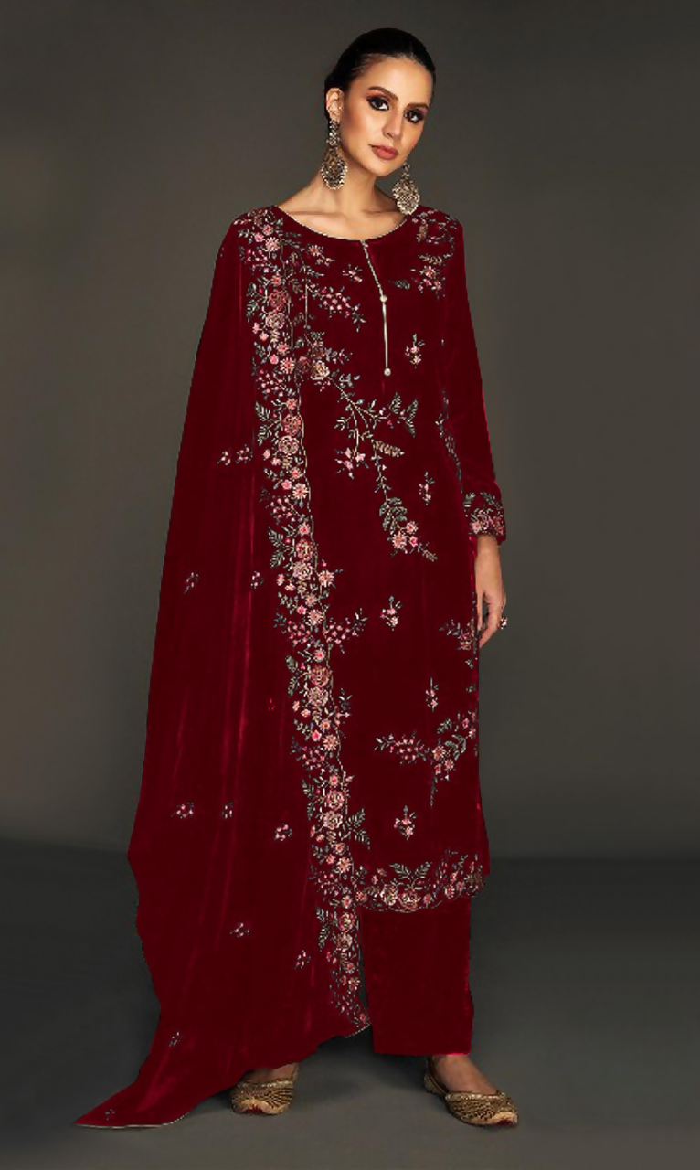 Anaita Maroon Pure Velvet Stitched Suit with Heavy Embroidery Sequence Work - Distacart