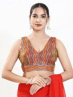 Joban Fashion Red Multi Silk Padded Blouse With V Neck Sleeveless - Distacart