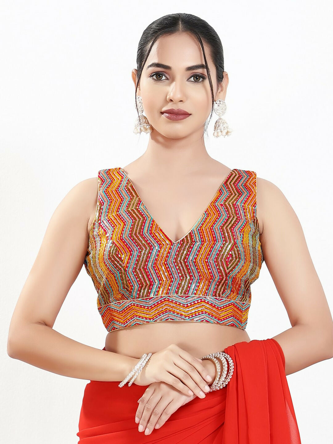 Joban Fashion Red Multi Silk Padded Blouse With V Neck Sleeveless - Distacart