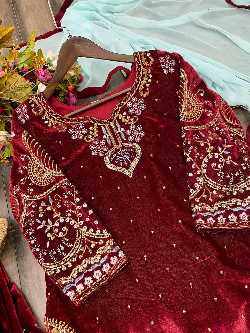 Vastranavya Maroon Viscose Velvet Cording Sequence Embroidery Work Suit With Dupatta - Distacart