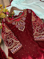 Vastranavya Maroon Viscose Velvet Cording Sequence Embroidery Work Suit With Dupatta - Distacart