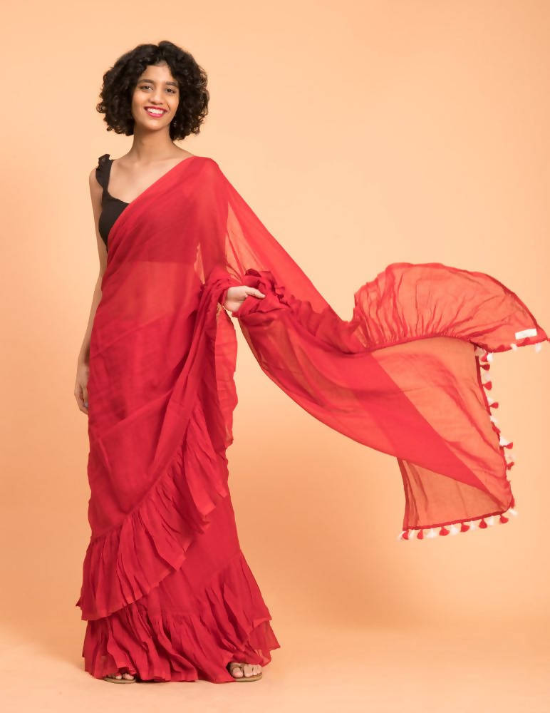 Suta Red Pure Cotton Solid Ruffle Saree - Distacart