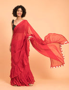 Suta Red Pure Cotton Solid Ruffle Saree - Distacart