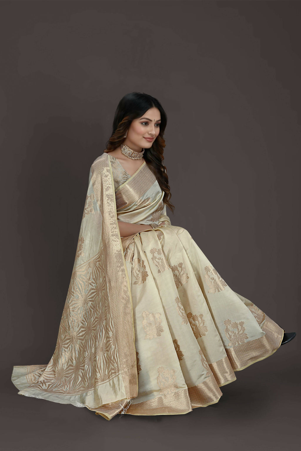 Off White Pure Raw Silk Zari Woven Saree with Unstitched Blouse Piece - Alisha