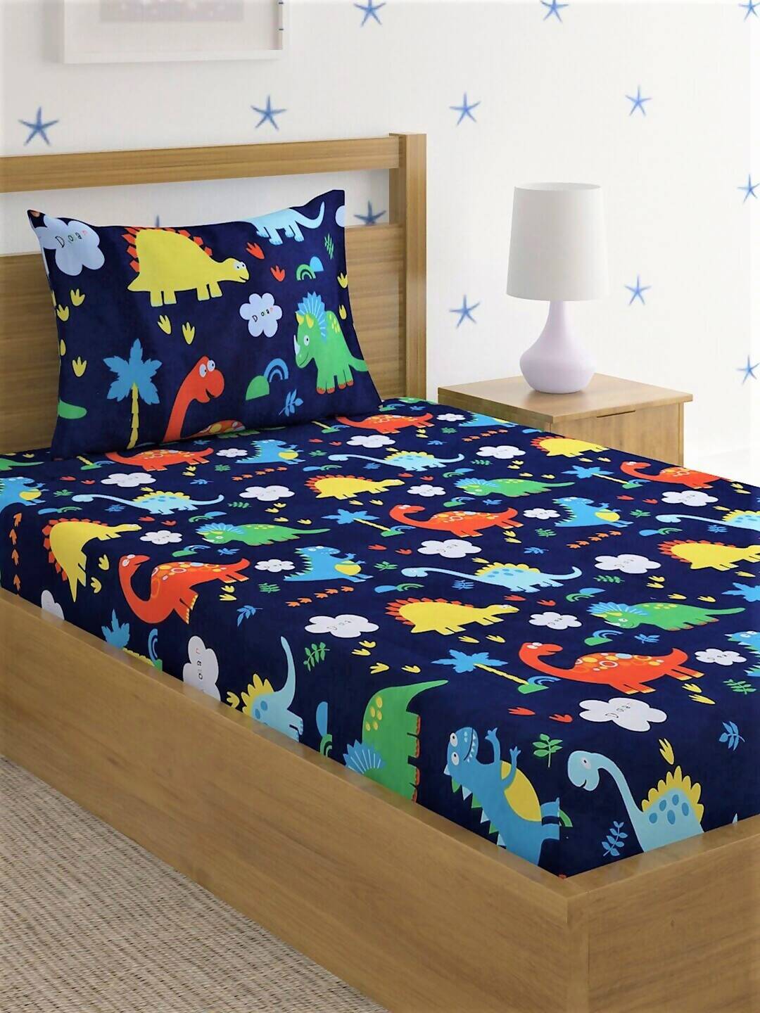 Home Sizzler Blue & Yellow Printed 210 TC Bedsheet with Pillow Covers - Distacart