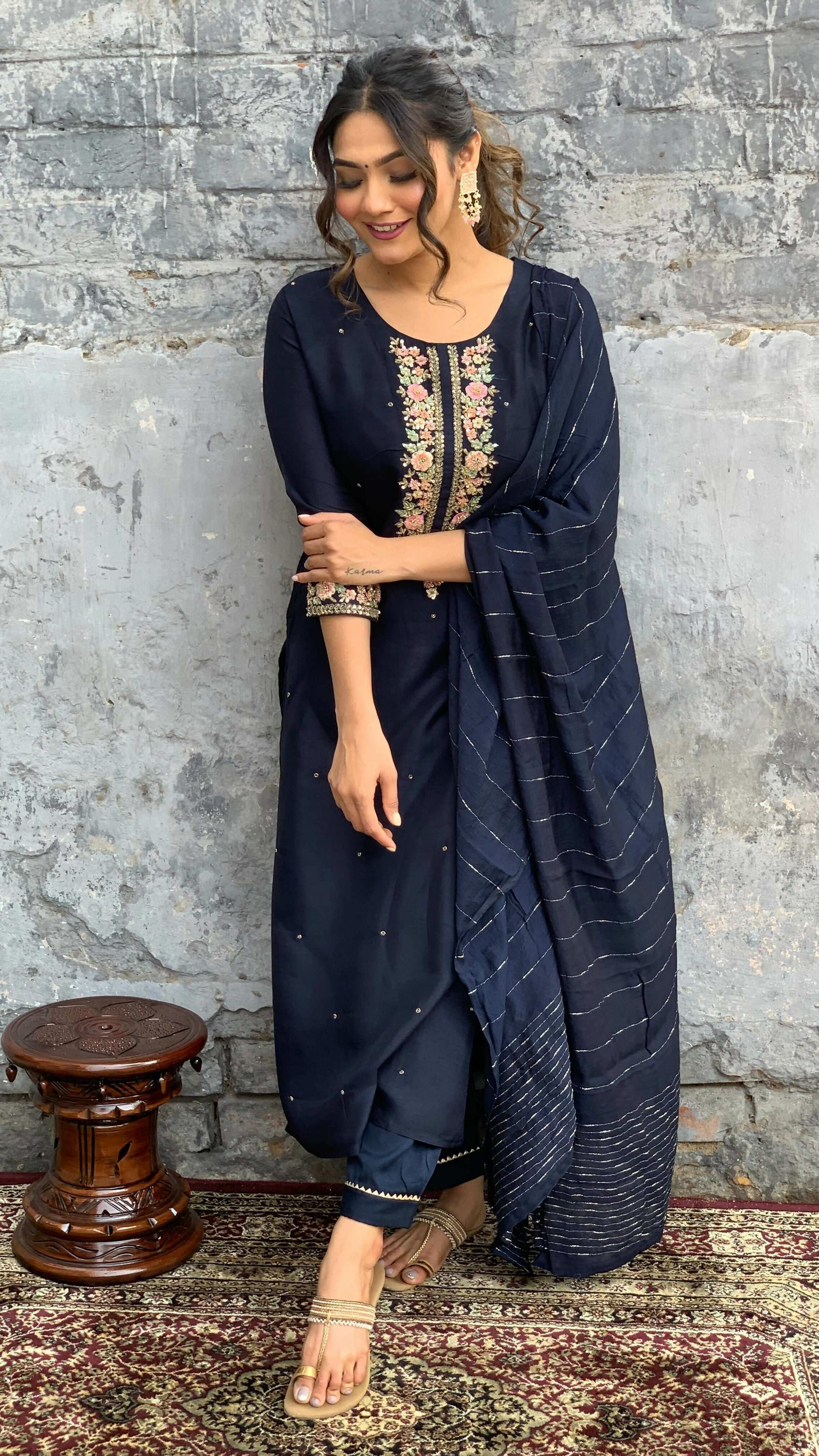 The52 Blue Women's Gorgeous Embroidered Viscose Chanderi Fabric Straight Kurta Pant with Dupatta Set - Distacart