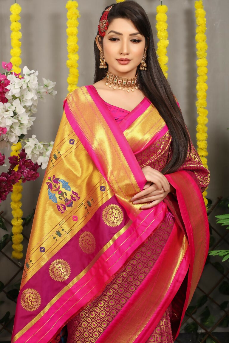 Jyoti Fashion Women's Magenta Banarasi Silk Zari Woven Saree with Blouse