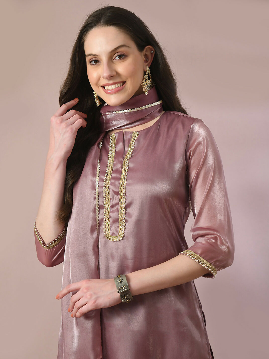 Myshka Women's Brown Solid Straight Party Kurta Set With Dupatta