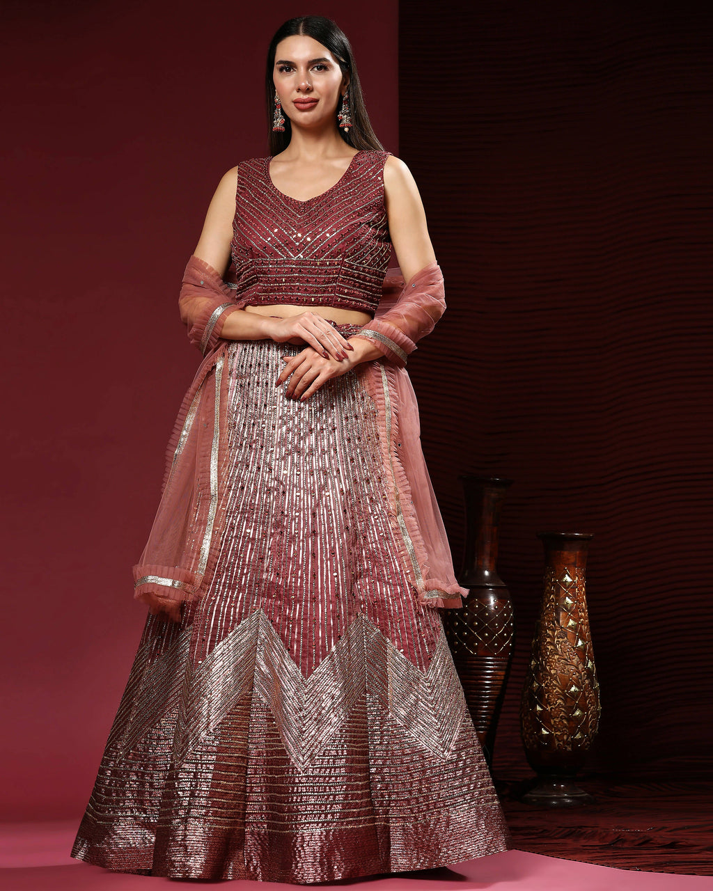 Maroon Organza Mirror With Coding Work Lehenga Choli with Dupatta - Tanya