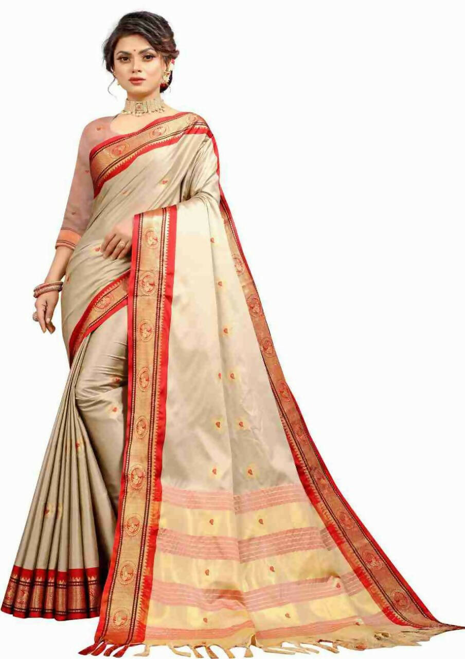 DEIANA'S Beautiful Designer Golden zari Soft Lichi Silk Saree - Cream