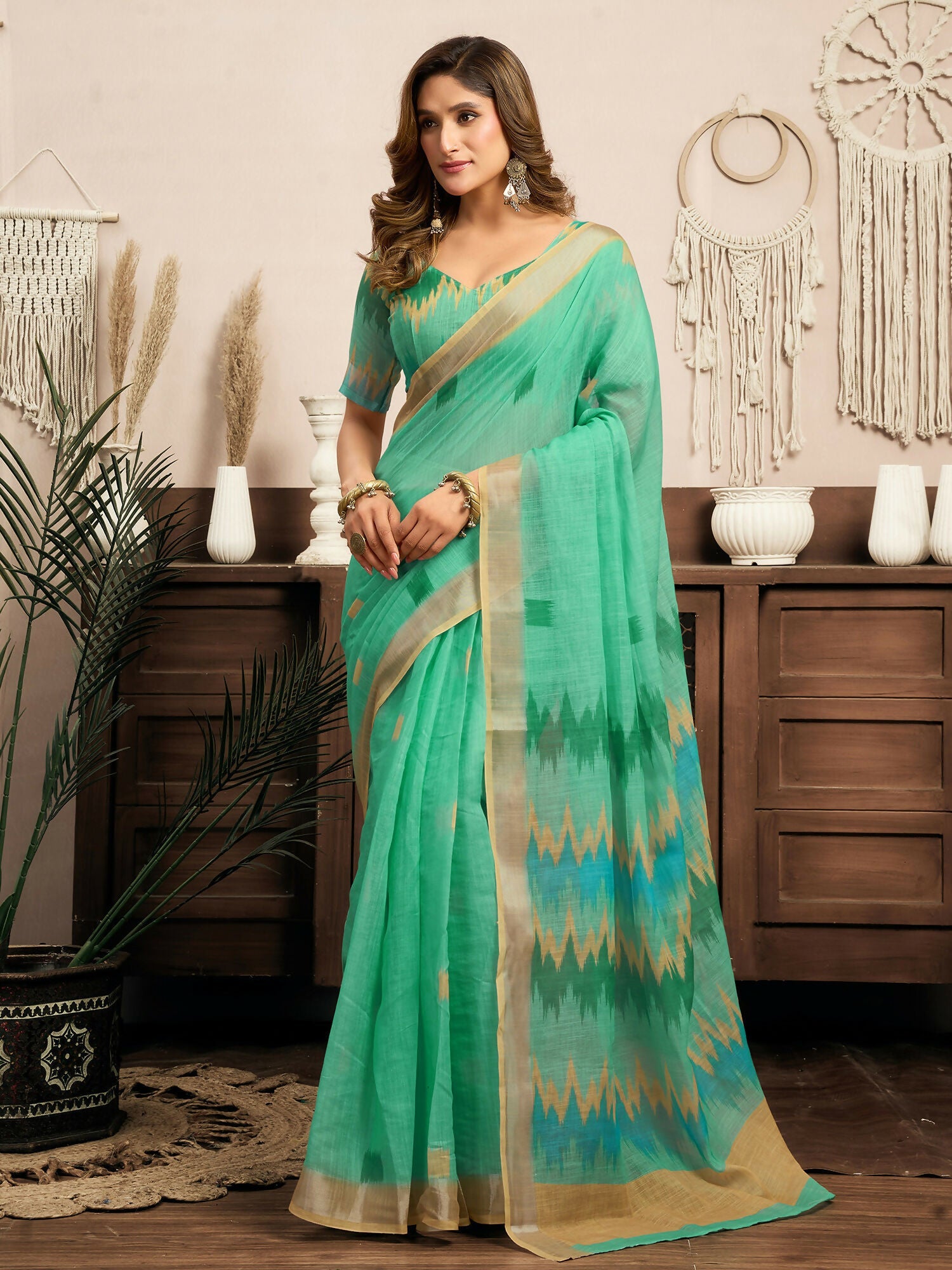 Joban Fashion Teal Green Ikkat Linen Ready To Wear Saree With Unstitched Blouse - Distacart