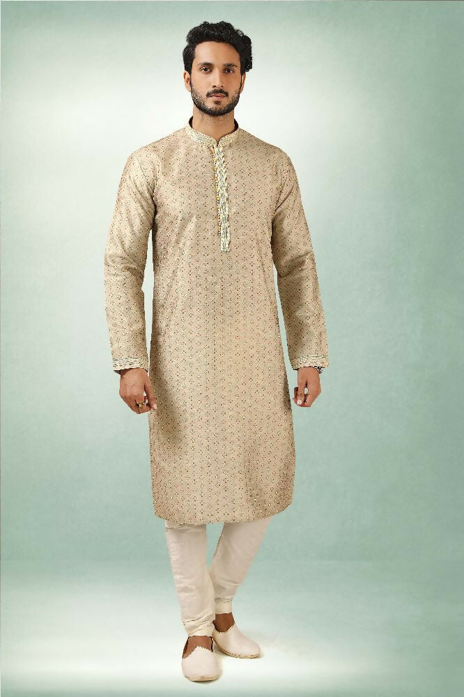 Raivat Ethnic Art Silk Printed Work Kurta Pajama In Beige Colour