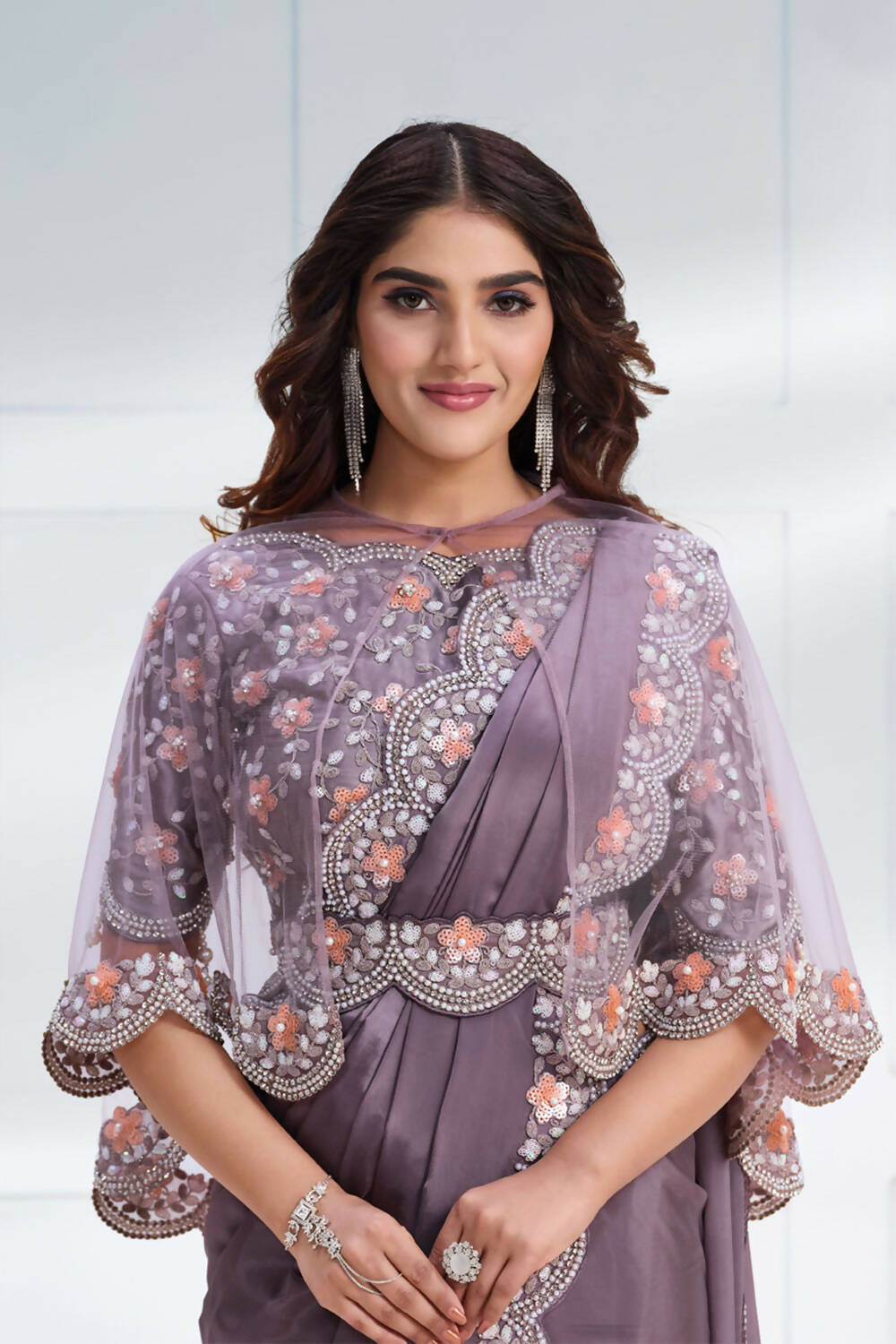 Lavender Crepe satin silk Cord & Sequence Embroidered with Stone work Saree - Mohmanthan Majestica - Distacart