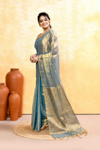 Piyari Fashion Women's Copper Turquoise Dual Tone Organic Tissue Saree With Blouse Piece - Distacart
