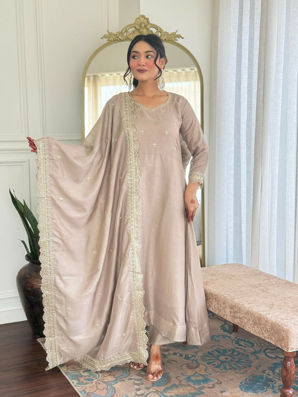 The52 CreamWomen's Gorgeous Vichitra Silk Fabric Embroidered Work Flared Anarkali Pant and Dupatta Set - Distacart