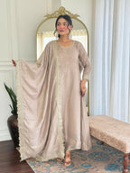 The52 CreamWomen's Gorgeous Vichitra Silk Fabric Embroidered Work Flared Anarkali Pant and Dupatta Set - Distacart