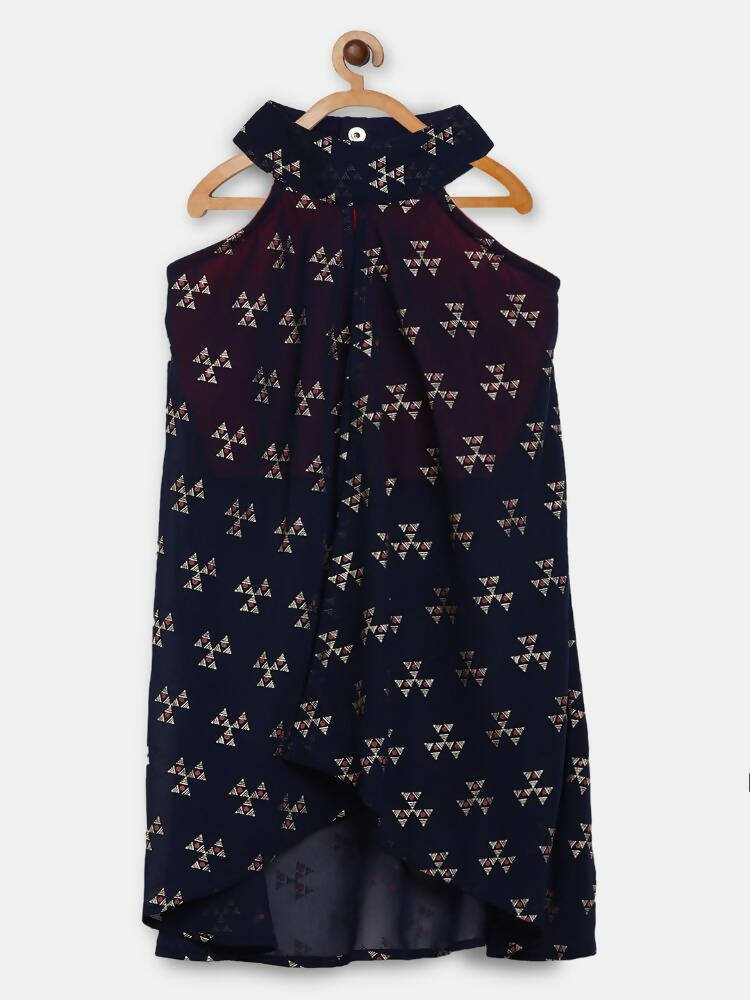 Ahalyaa Navy Printed Chanderi Silk Kids Kurta With Pant For Girls