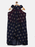 Ahalyaa Navy Printed Chanderi Silk Kids Kurta With Pant For Girls
